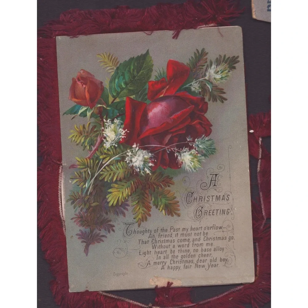 Victorian Fringed Christmas Cards Antique Floral Lithograph Lot of 2 Red Blue